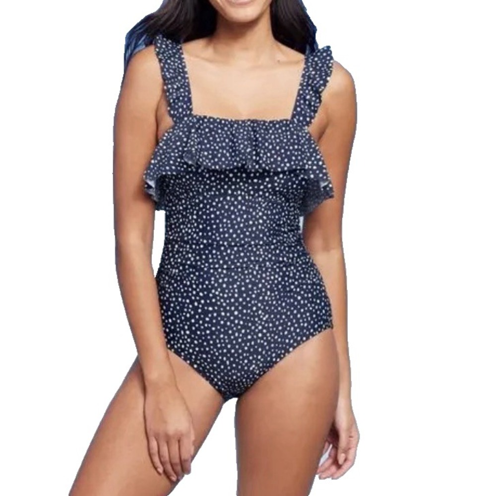 Kona Sol One Piece Navy Blue & White Ruffled Swim Bathing Suit Swimsuit Sz 12-14